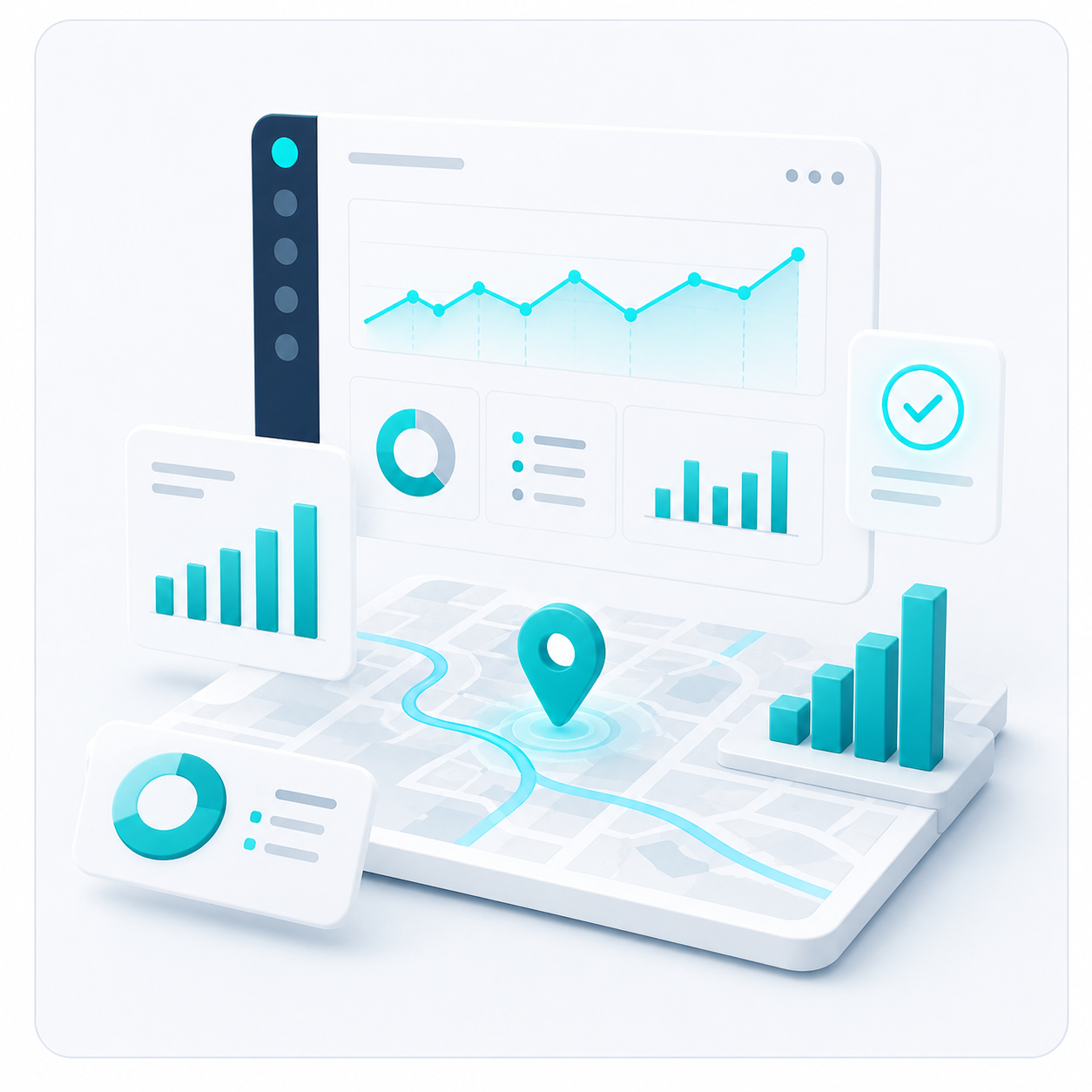 Painel analítico com indicadores e geolocalização dos ativos